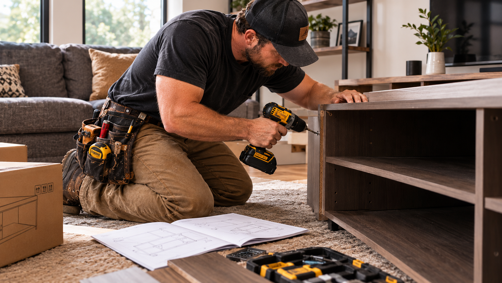 Handyman assembling a media console with a cordless drill